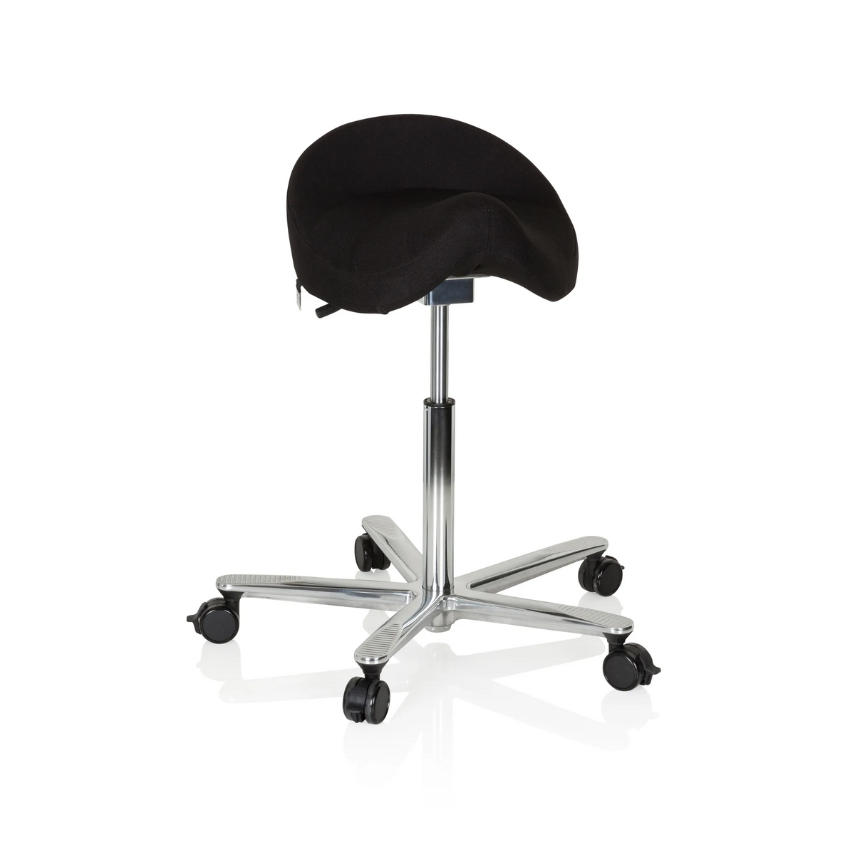 Sgabello a sella MOVE-TEC 3D PRO I nero con base a cinque ruote di hjh OFFICE – vista a 360° (vista frontale 20°)