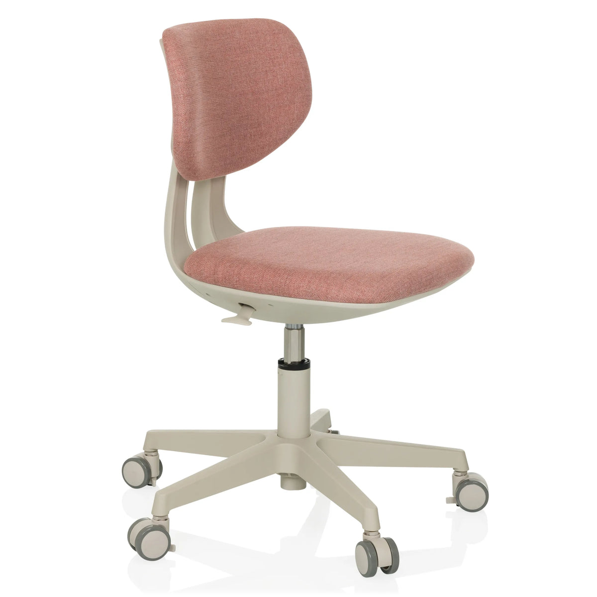 Rosa Kinderdrehstuhl KIDDY CLASSIC mit gepolsterter Sitzfläche und Fußkreuz mit fünf Rollen von hjh OFFICE – 360-Grad-Ansicht (schräge Frontansicht 60°)