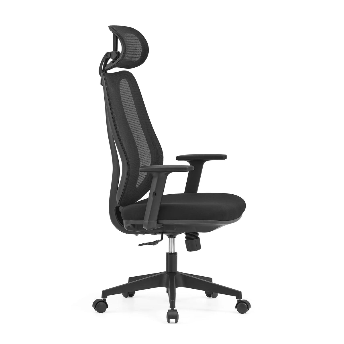 Sedia da ufficio professionale Filaro nera con schienale in rete, poggiatesta e base a cinque ruote di hjh OFFICE – vista a 360° (profilo laterale 75°)