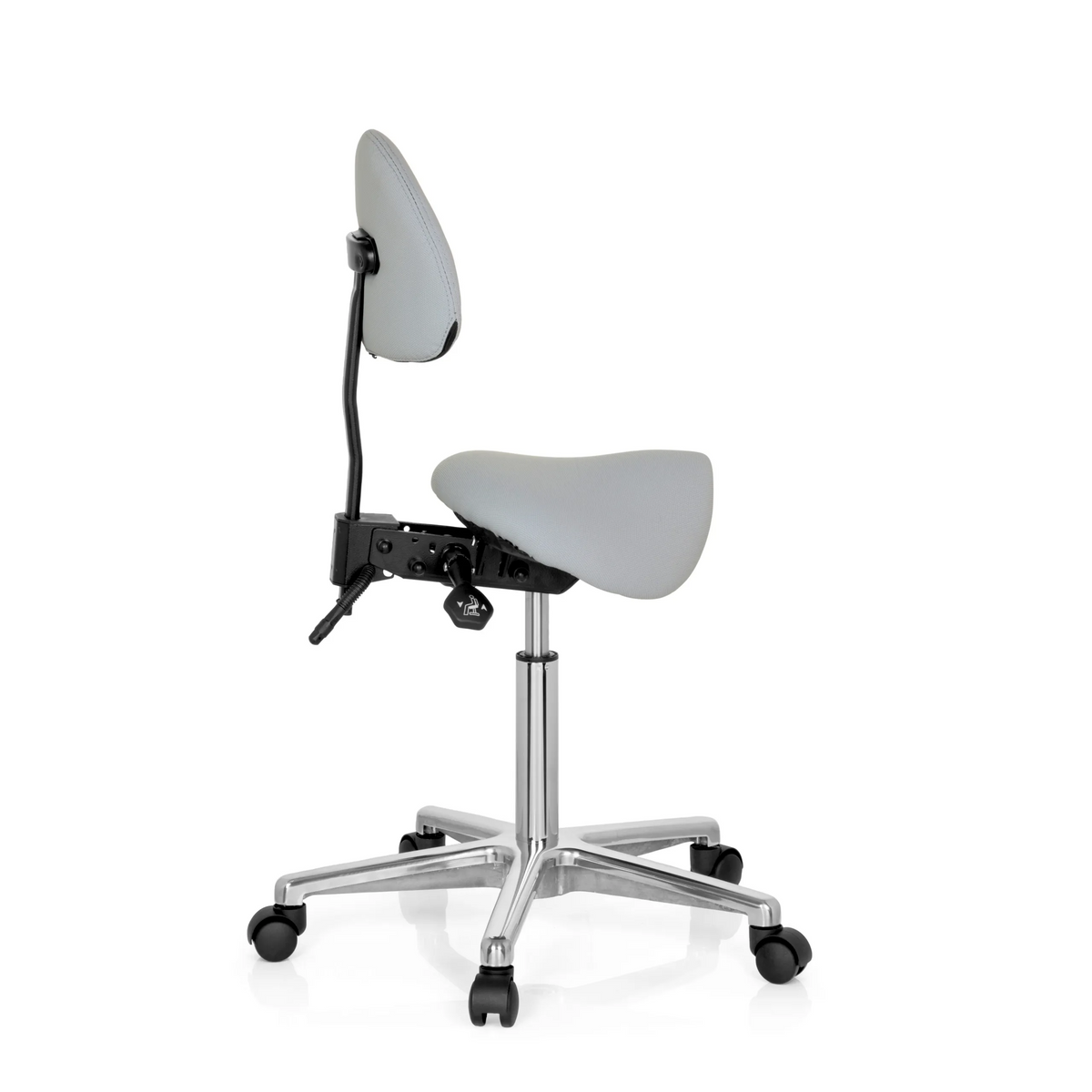 Sgabello a sella TOP WORK 20 grigio con schienale e base a cinque ruote di hjh OFFICE – vista a 360° (profilo laterale 100°)