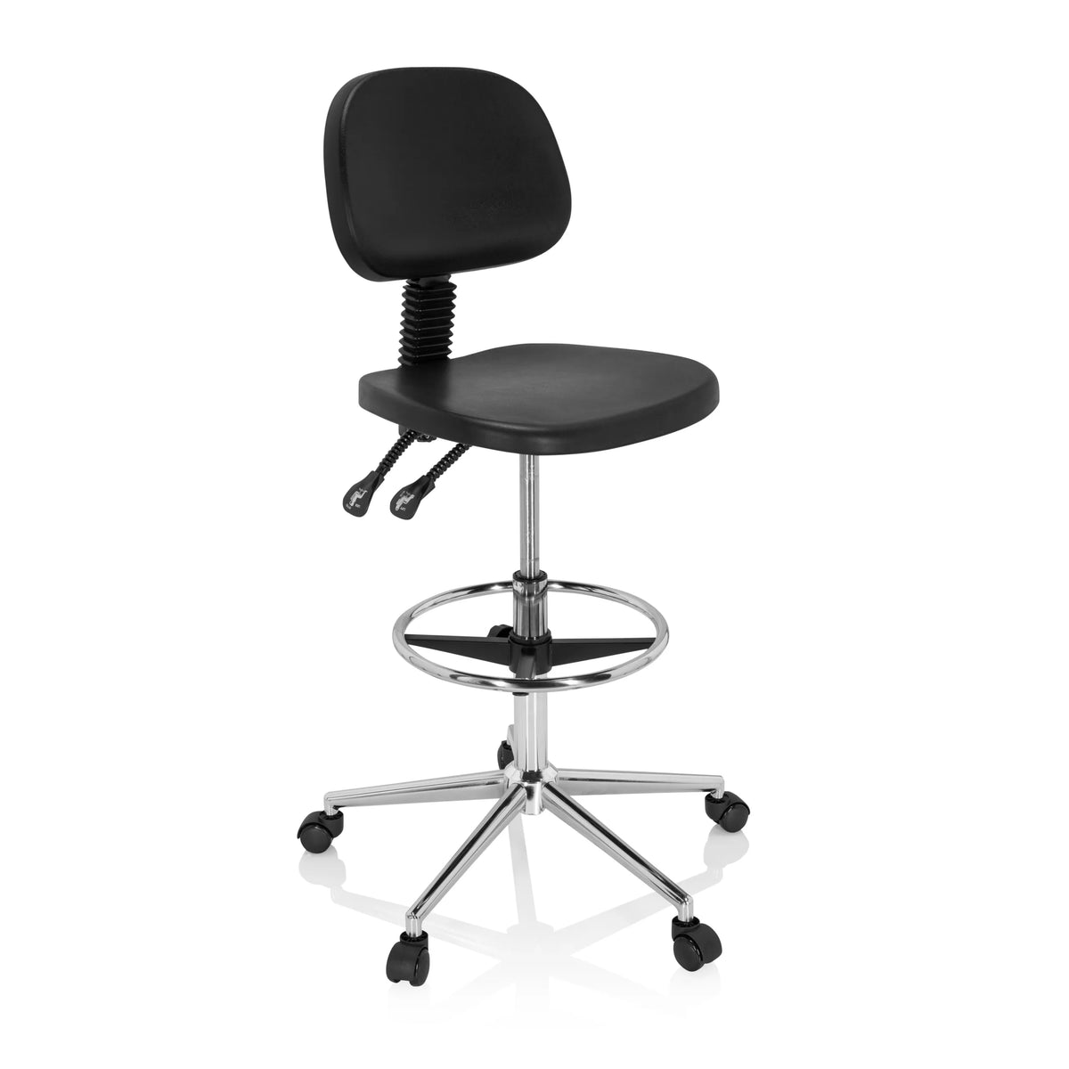 Sedia da banco nera TOP WORK 24 I con poggiapiedi e base a cinque ruote di hjh OFFICE – vista a 360° (vista frontale a tre quarti 40°)