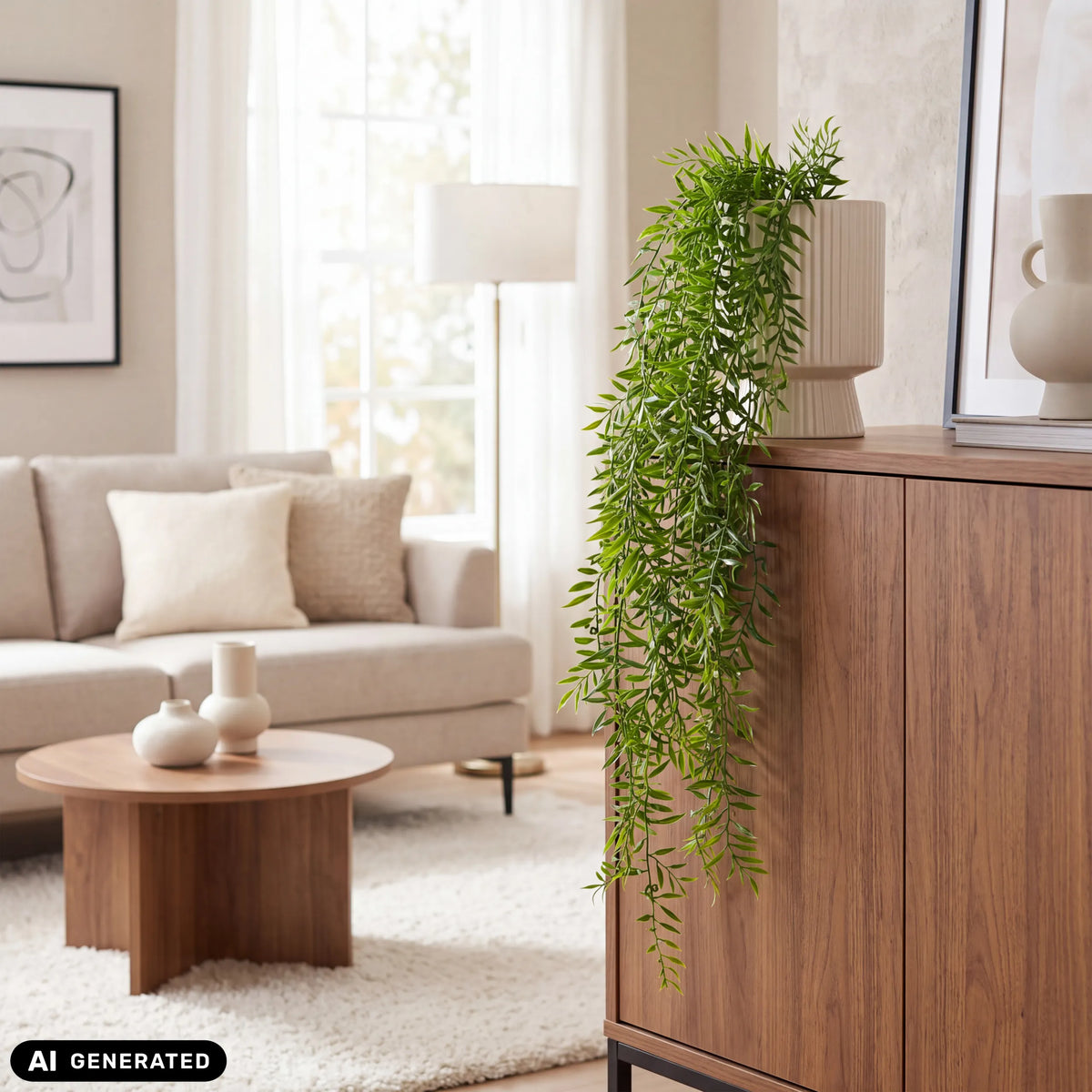 Pianta verde Filix in un vaso bianco su una credenza in un soggiorno luminoso di hjh OFFICE
