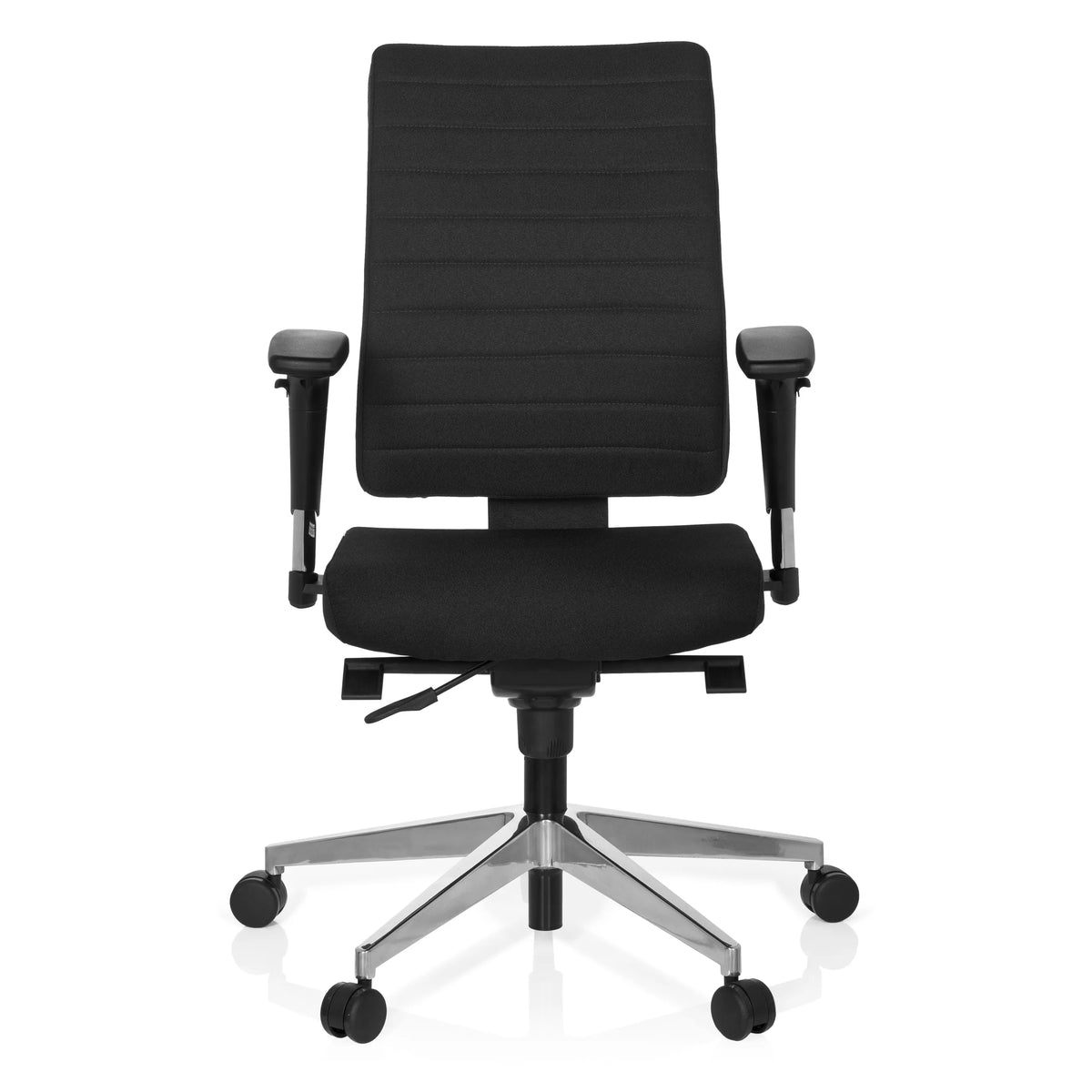 Sedia da ufficio professionale PRO-TEC 350 nera con braccioli e base argentata a cinque ruote di hjh OFFICE – vista a 360° (vista frontale 0°)