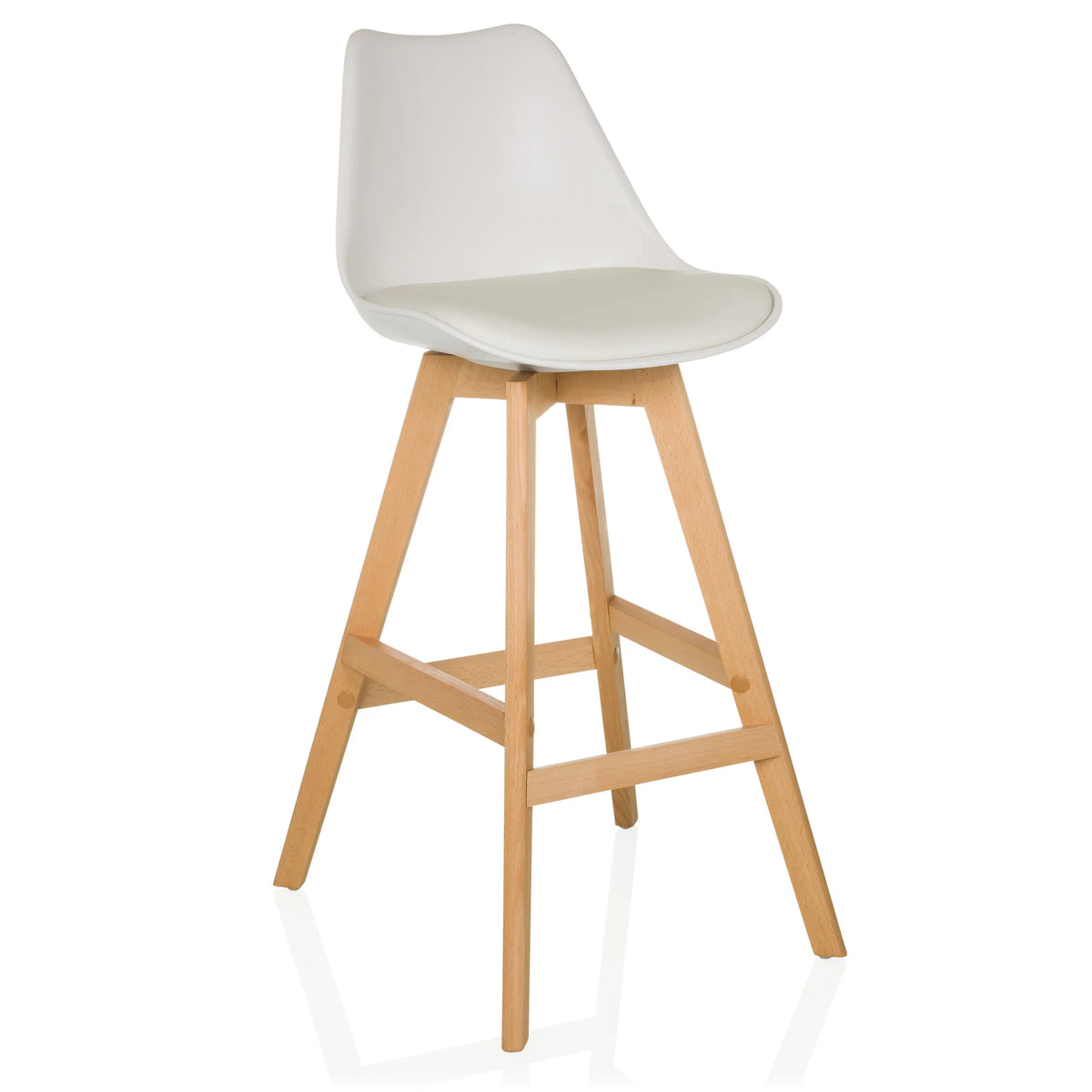 Sgabello da bar bianco SCANDI HIGH con struttura in legno e poggiapiedi di hjh LIVING – vista a 360° (vista frontale a tre quarti 30°)