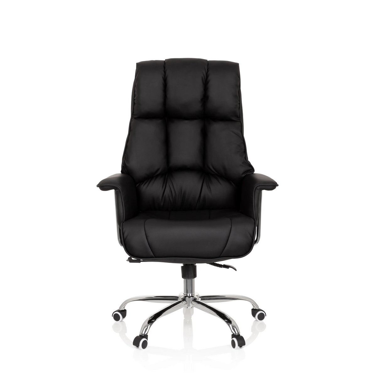 Schwarzer Profi-Chefsessel COMMANDER mit gesteppter Polsterung und Fußkreuz mit fünf Rollen von hjh OFFICE – 360-Grad-Ansicht (Frontansicht 0°)