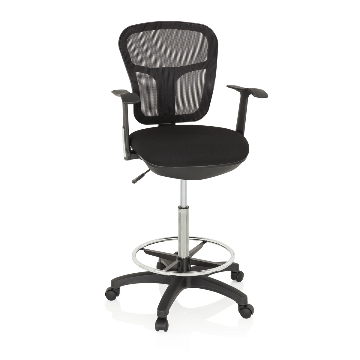 Sedia da banco TOP WORK 108 nera con schienale in rete, poggiapiedi e base a cinque ruote di hjh OFFICE – vista a 360° (vista frontale 20°)