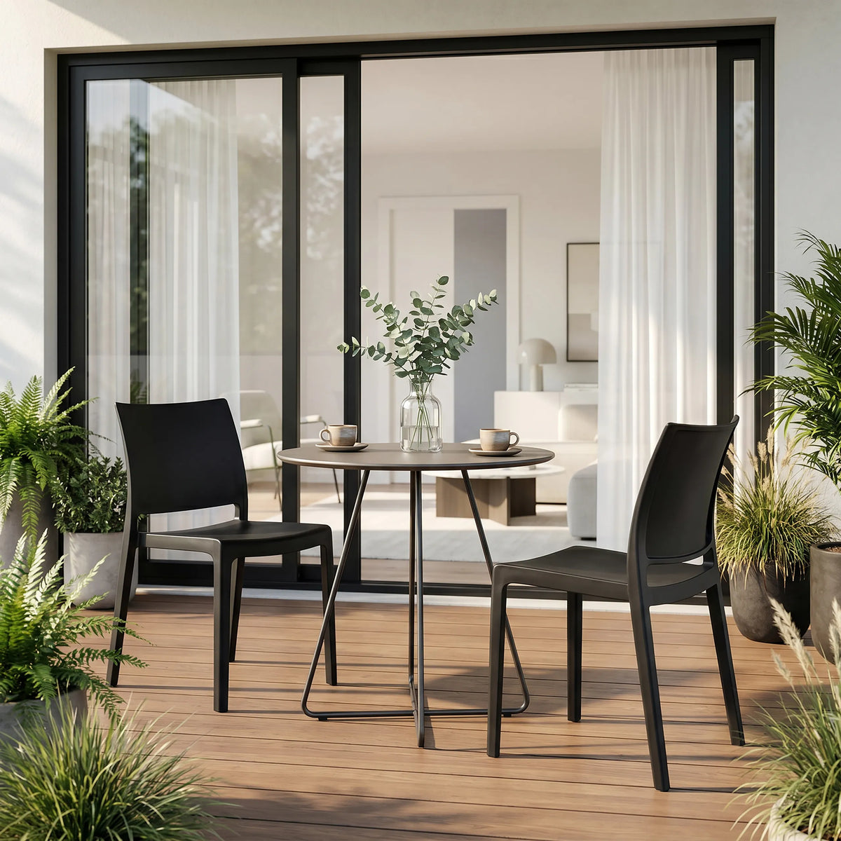 Sedie da esterno T37 V 4 in nero a un tavolo da giardino rotondo su una terrazza di hjh LIVING