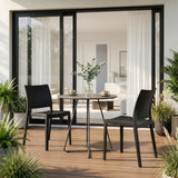 Sedie da esterno T37 V 4 in nero a un tavolo da giardino rotondo su una terrazza di hjh LIVING