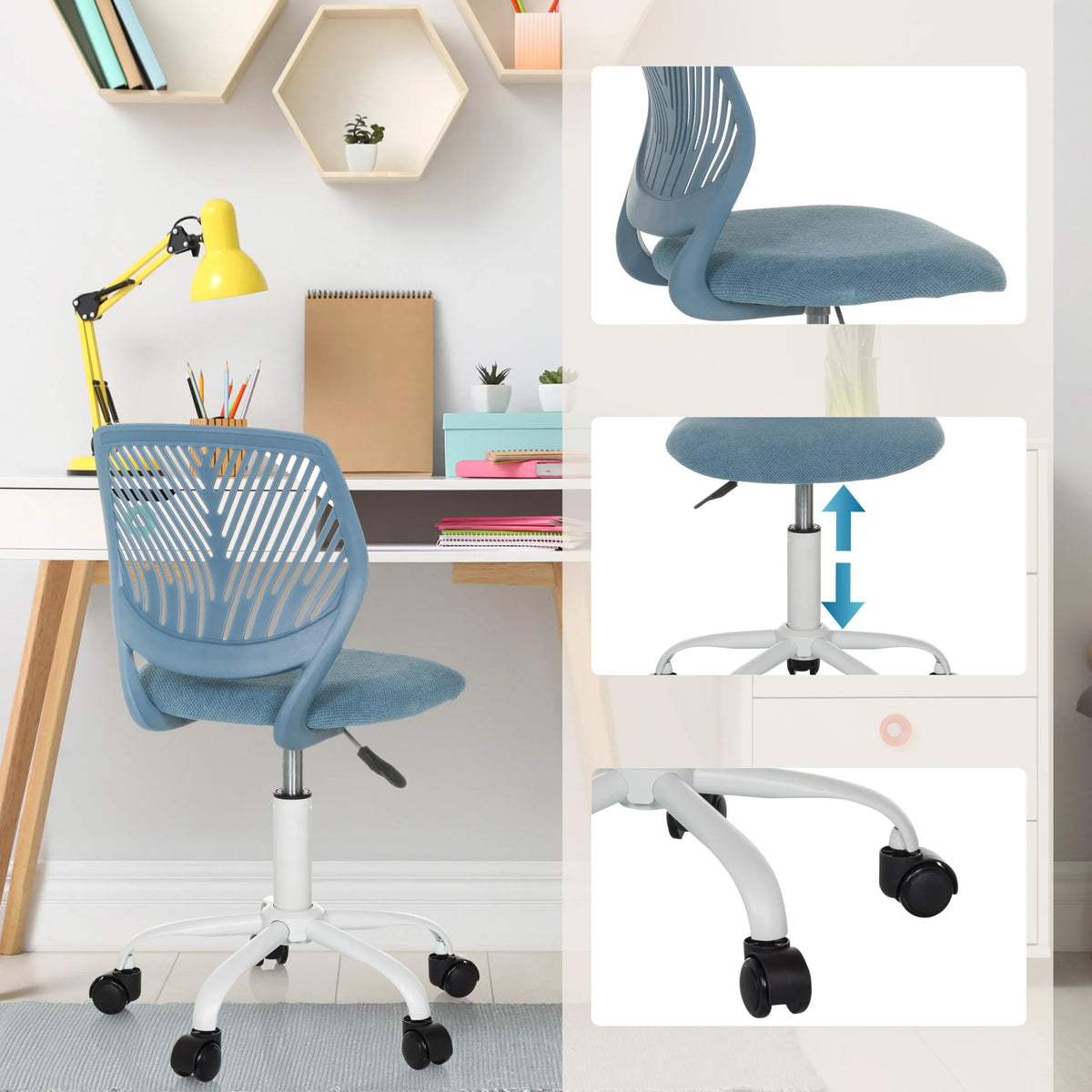 Sedia girevole per bambini KID QW blu con pistone a gas per la regolazione dell'altezza e ruote sulla base di hjh OFFICE