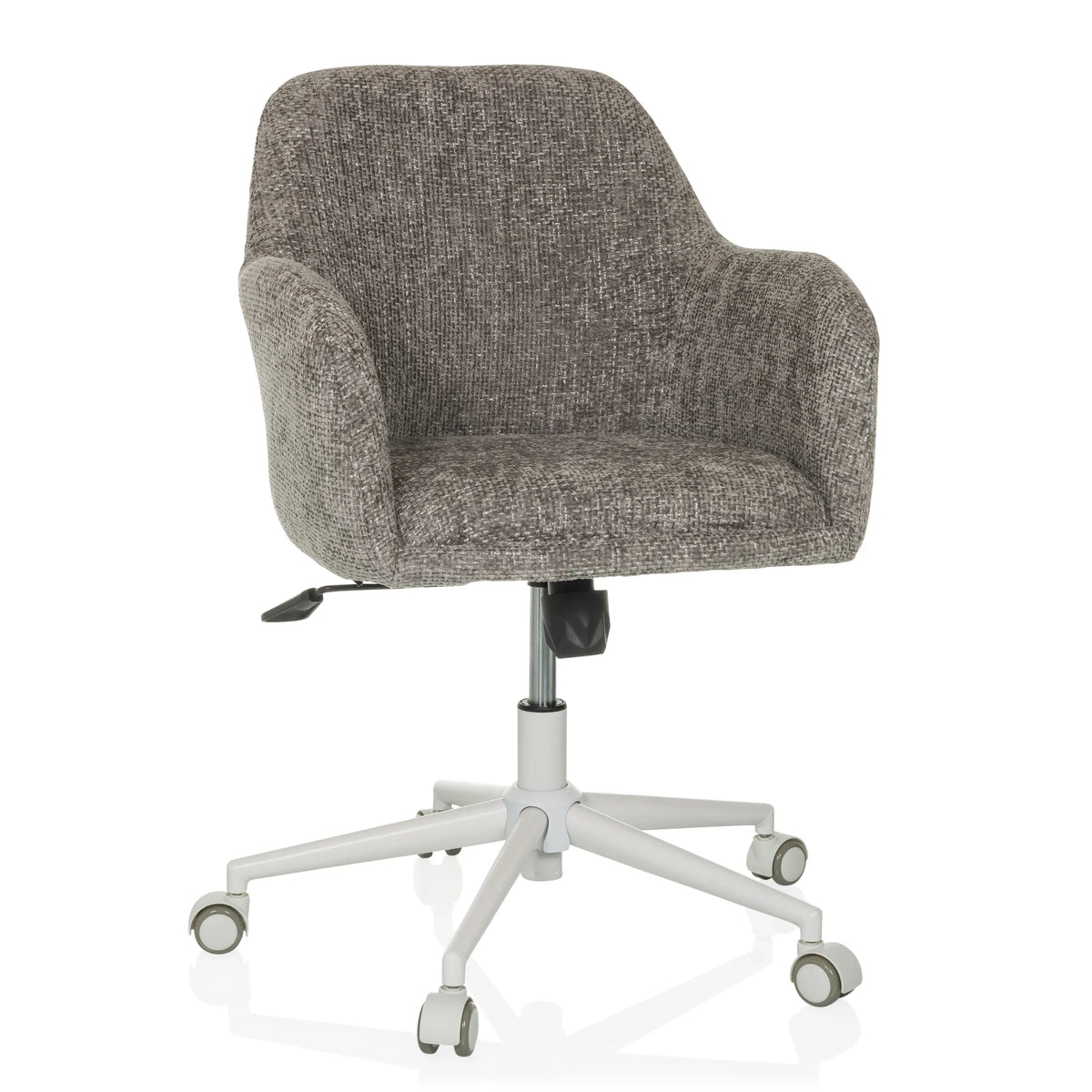 Sedia Home Office SOLAO HOME grigia con rivestimento in tessuto e base bianca a cinque ruote di hjh LIVING – vista a 360° (vista frontale 15°)