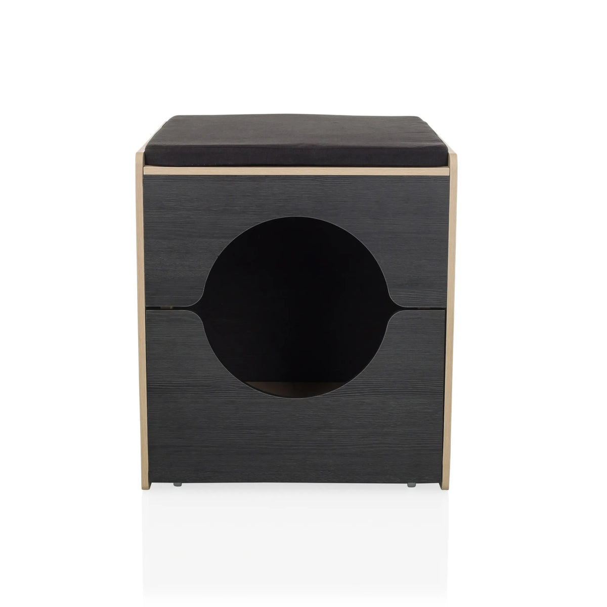 Cuccia per gatto KITTY PAWBOX 2 nera con apertura rotonda e dettagli effetto rovere di hjh LIVING – vista a 360° (vista frontale 0°)