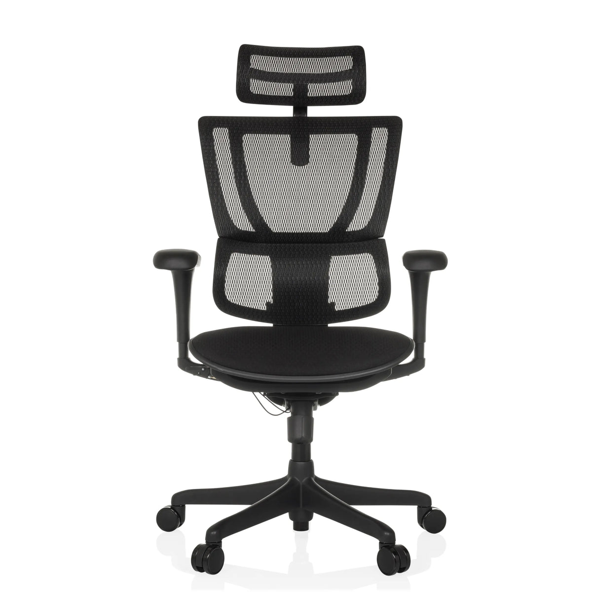 Schwarzer Luxus-Chefsessel ERGOHUMAN SLIM ECO F GEN2 mit Netzrücken und Fußkreuz mit fünf Rollen von hjh OFFICE – 360-Grad-Ansicht (Frontansicht 0°)