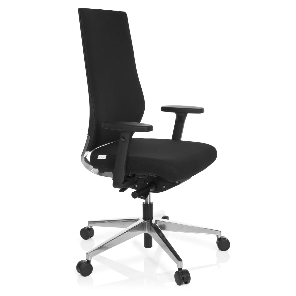 Sedia da ufficio professionale PRO-TEC 700 nera con braccioli e base lucida a cinque ruote di hjh OFFICE – vista a 360° (vista frontale a tre quarti 60°)