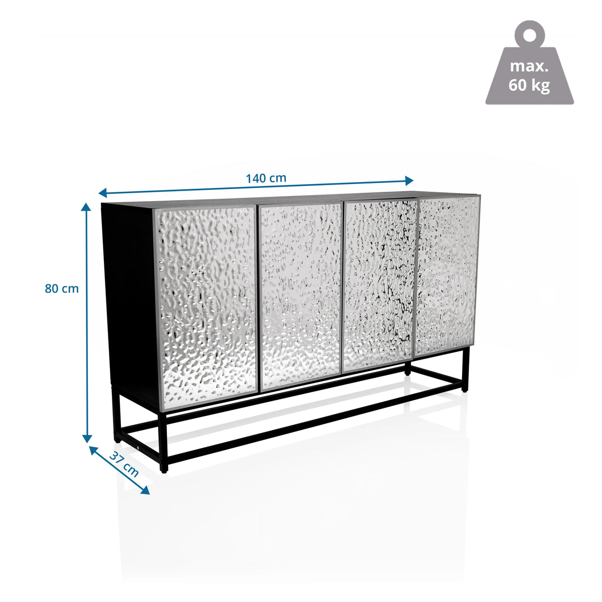 Disegno tecnico della Cassettiera METALLIO con dimensioni 140 × 80 cm e portata di 60 kg di hjh LIVING