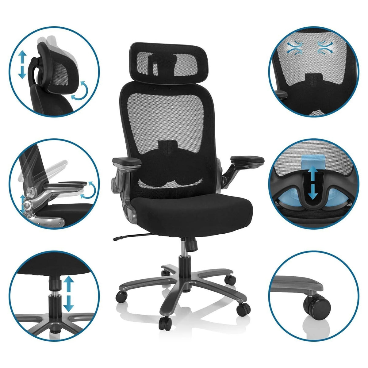 Sedia girevole XXL INSTRUCTOR T I PRO in nero con schienale in rete e diverse possibilità di regolazione di hjh OFFICE