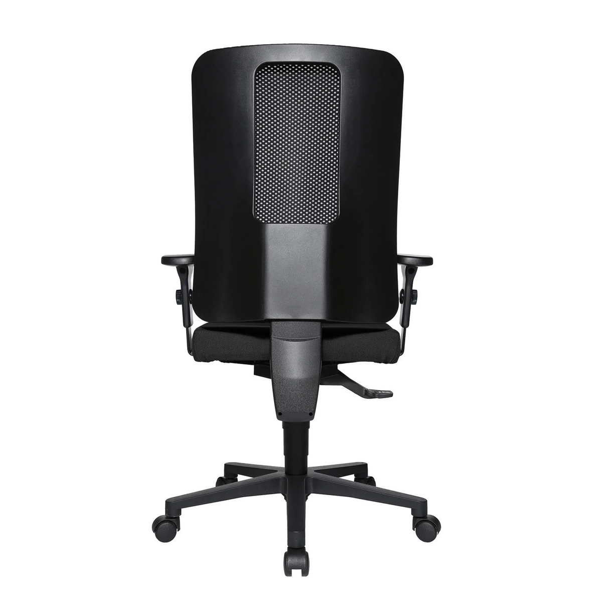 Sedia da ufficio professionale HJH WORK PRO nera con schienale in rete e base a cinque ruote di Topstar – vista a 360° (vista posteriore a tre quarti 240°)