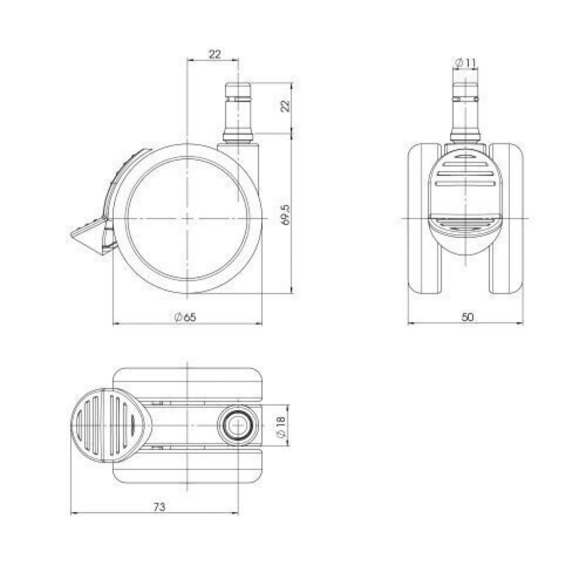 Technische Zeichnung der Stuhlrolle 5x ROLO STOP 11mm/65mm mit einem Durchmesser von 65 mm von hjh OFFICE