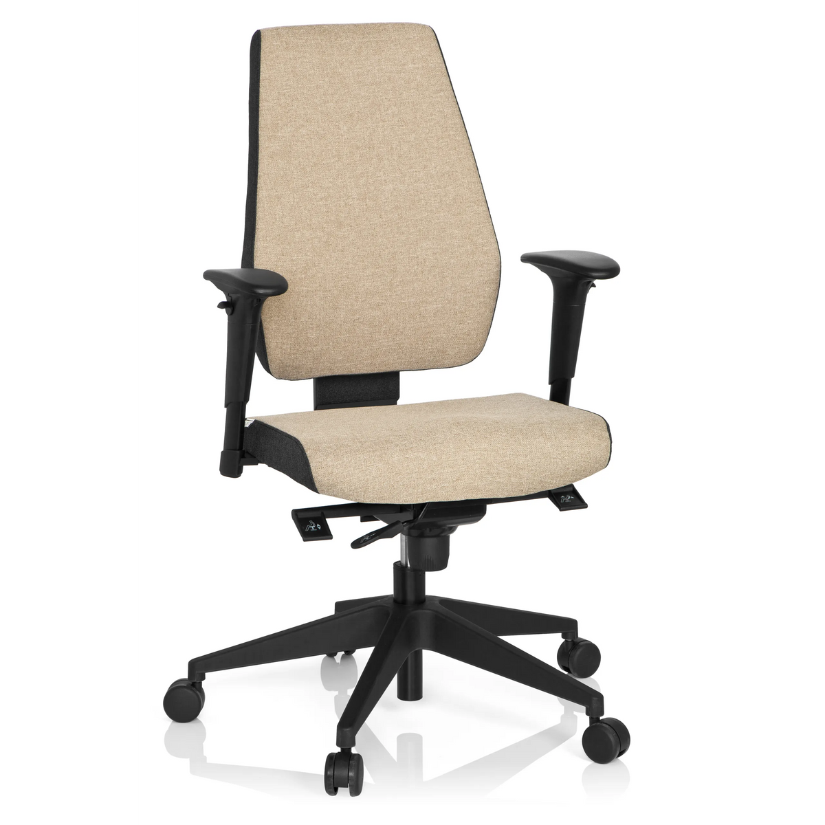 Sedia da ufficio professionale PRO-TEC 500 beige con braccioli e base nera a cinque ruote di hjh OFFICE – vista a 360° (vista frontale 20°)