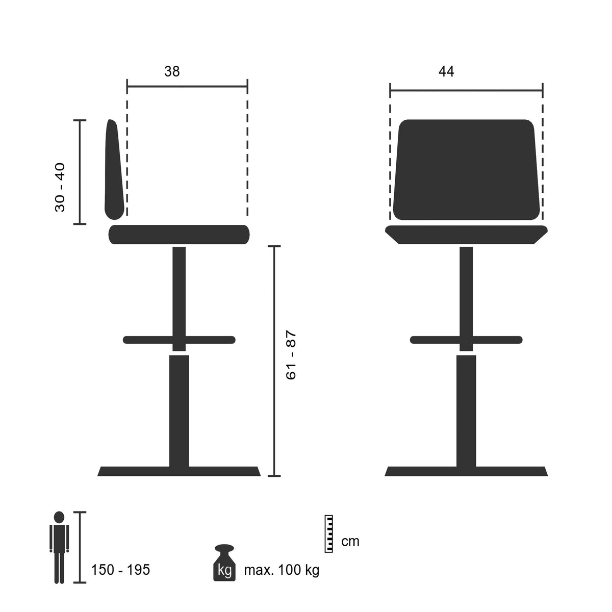 Disegno tecnico della Sedia da banco TOP WORK 24 I con una portata massima di 100 kg di hjh OFFICE