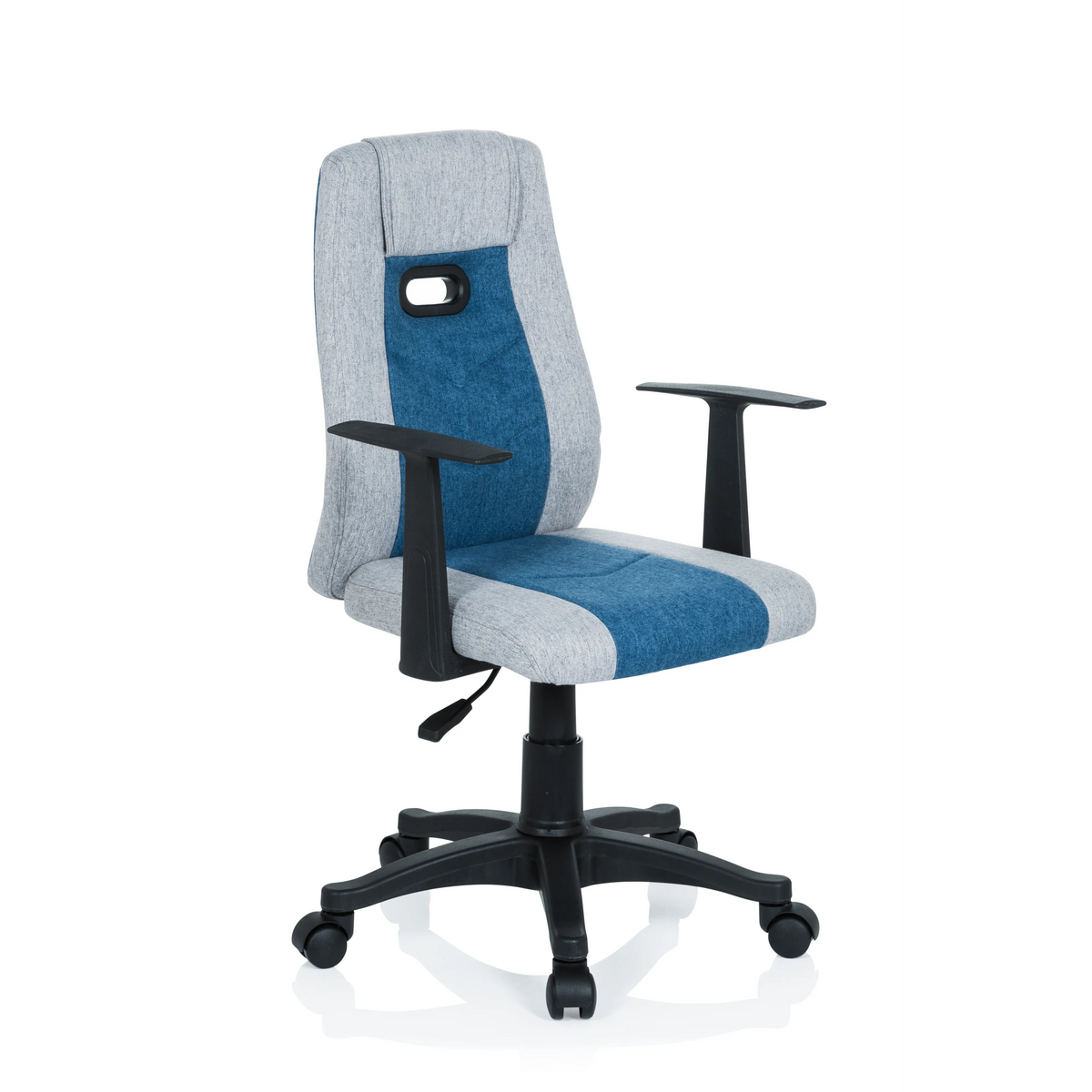 Grau-blauer Kinderdrehstuhl KIDDY EXTRA mit Armlehnen und Fußkreuz mit fünf Rollen von hjh OFFICE – 360-Grad-Ansicht (schräge Frontansicht 40°)