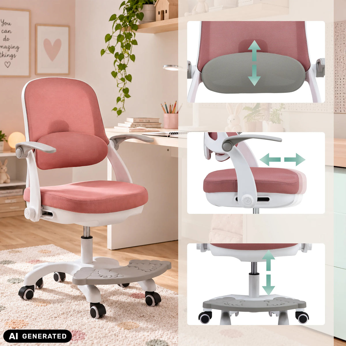 Schienale, braccioli e altezza del sedile regolabili della sedia girevole per bambini Kiddy Smart Step di hjh OFFICE (immagine generata dall’IA)