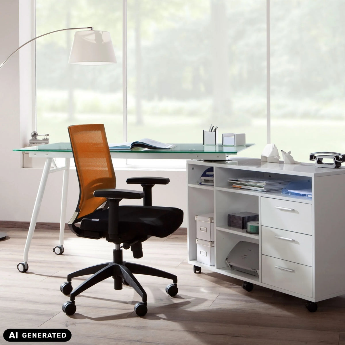 Sedia da ufficio professionale PORTO BASE in nero e arancione con braccioli e ruote di hjh OFFICE (immagine generata dall’IA)