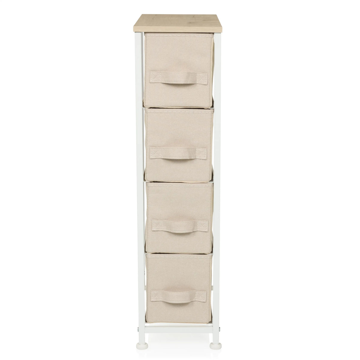 Cassettiera beige FOLDRESS S con quattro cassetti in tessuto e un piano in legno chiaro di hjh LIVING – vista a 360° (vista frontale 0°)