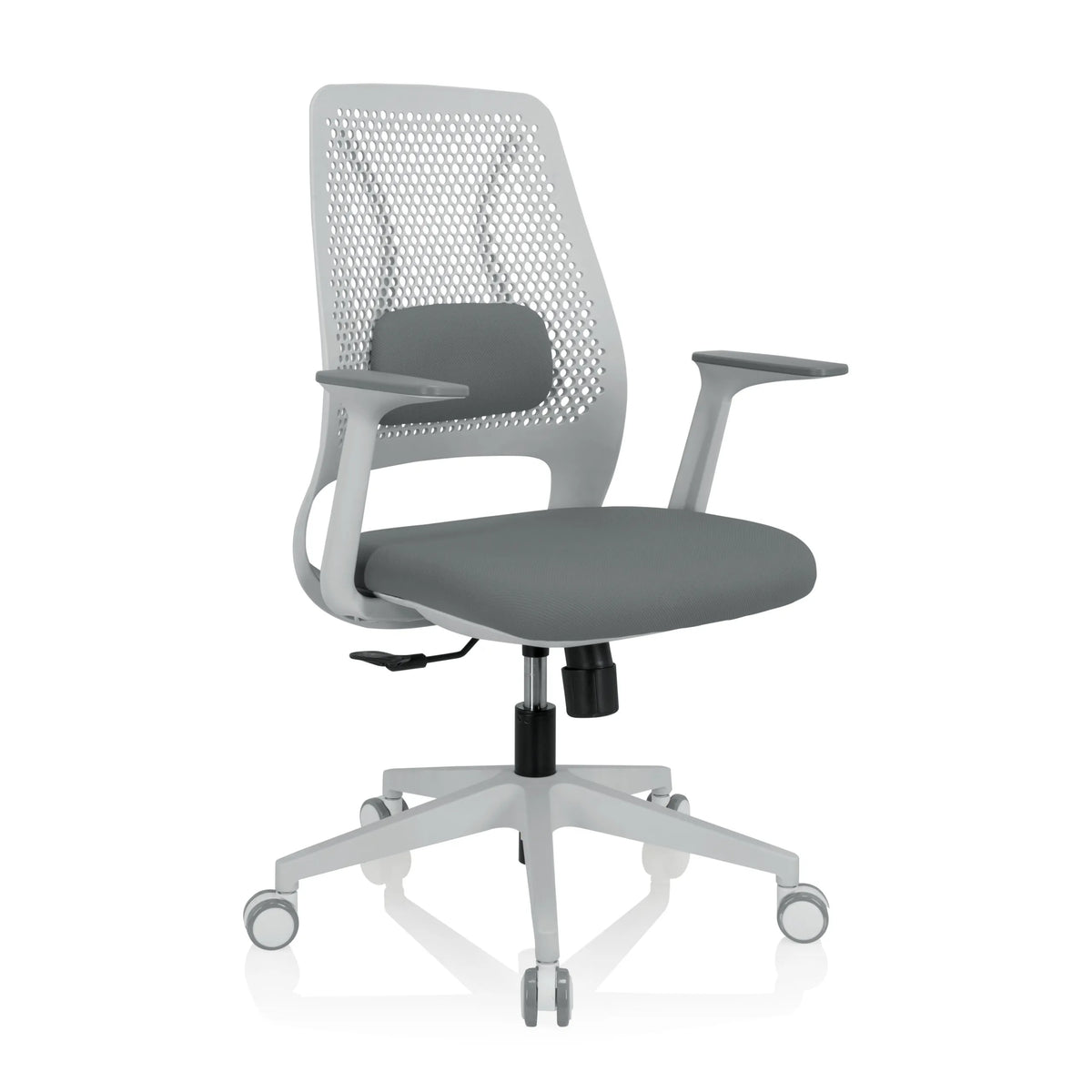 Sedia Home Office PARFERIO W grigia con schienale in rete e base a cinque ruote di hjh OFFICE – vista a 360° (vista frontale a tre quarti 40°)
