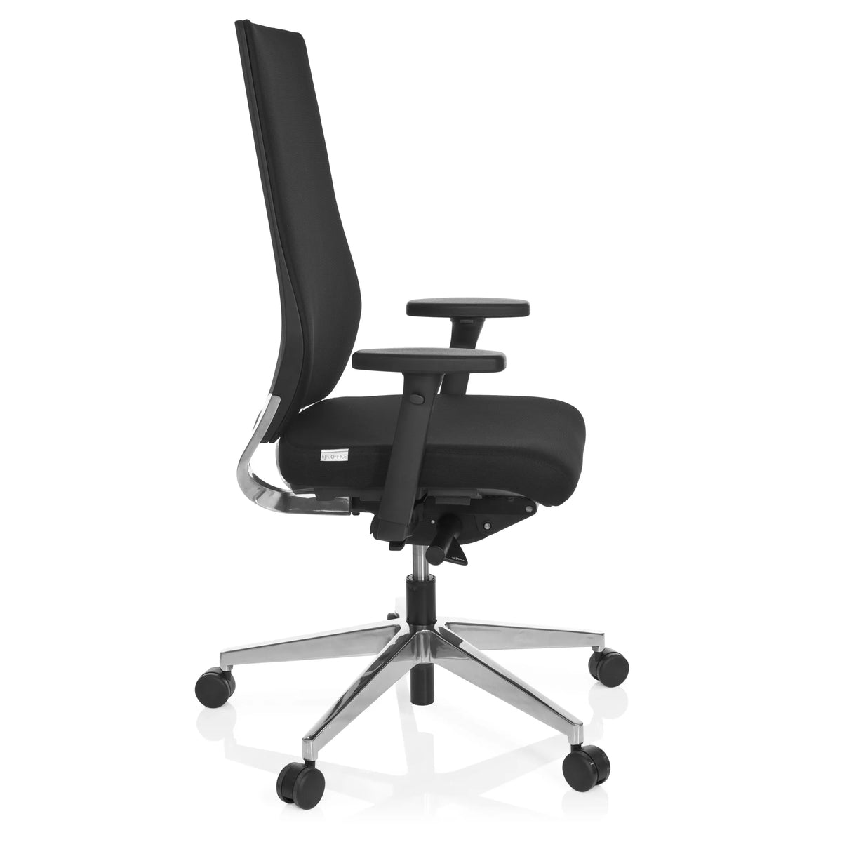 Sedia da ufficio professionale PRO-TEC 700 nera con braccioli e base lucida a cinque ruote di hjh OFFICE – vista a 360° (profilo laterale 80°)