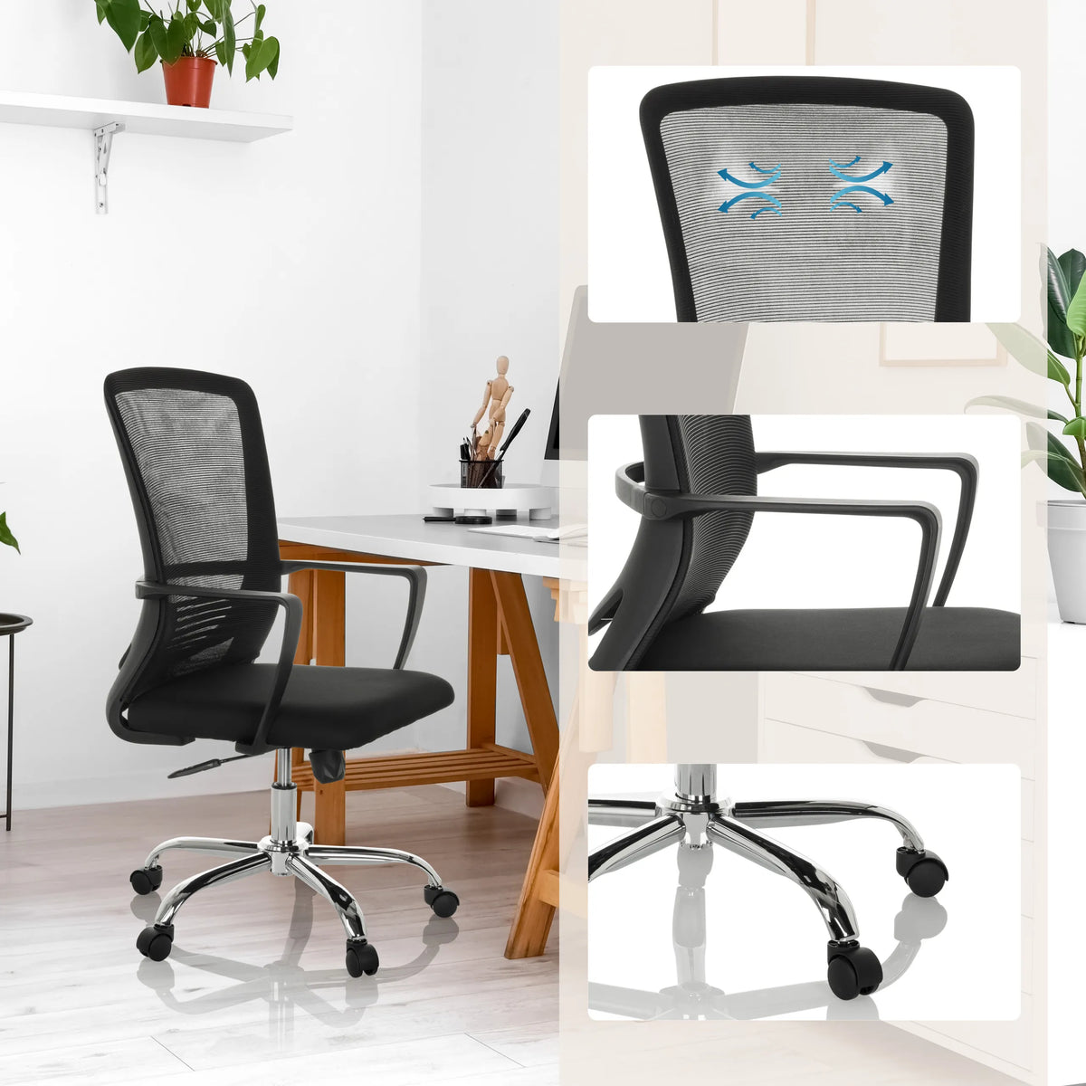 Sedia Home Office STAR-TEC S in nero con schienale in rete, braccioli e base a stella di hjh OFFICE