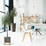 Piante artificiali OLIVE di colore verde con un vaso grigio su un supporto in legno di hjh OFFICE