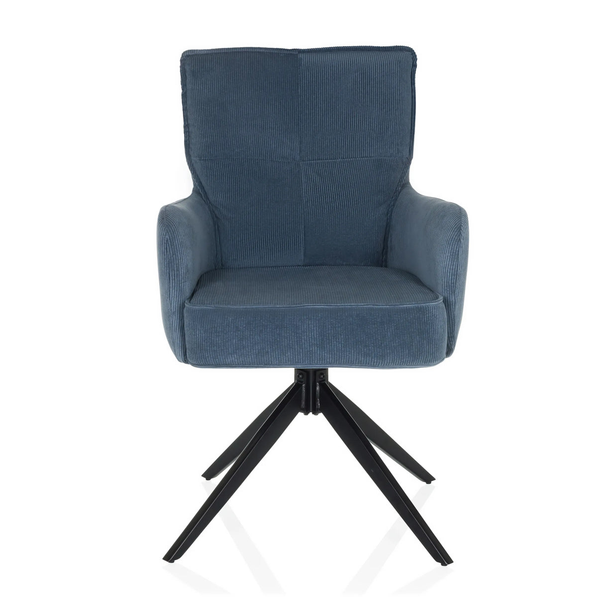 Sedia imbottita blu TARUGO con rivestimento in velluto a coste e struttura a quattro gambe nera di hjh LIVING – vista a 360° (vista frontale 0°)