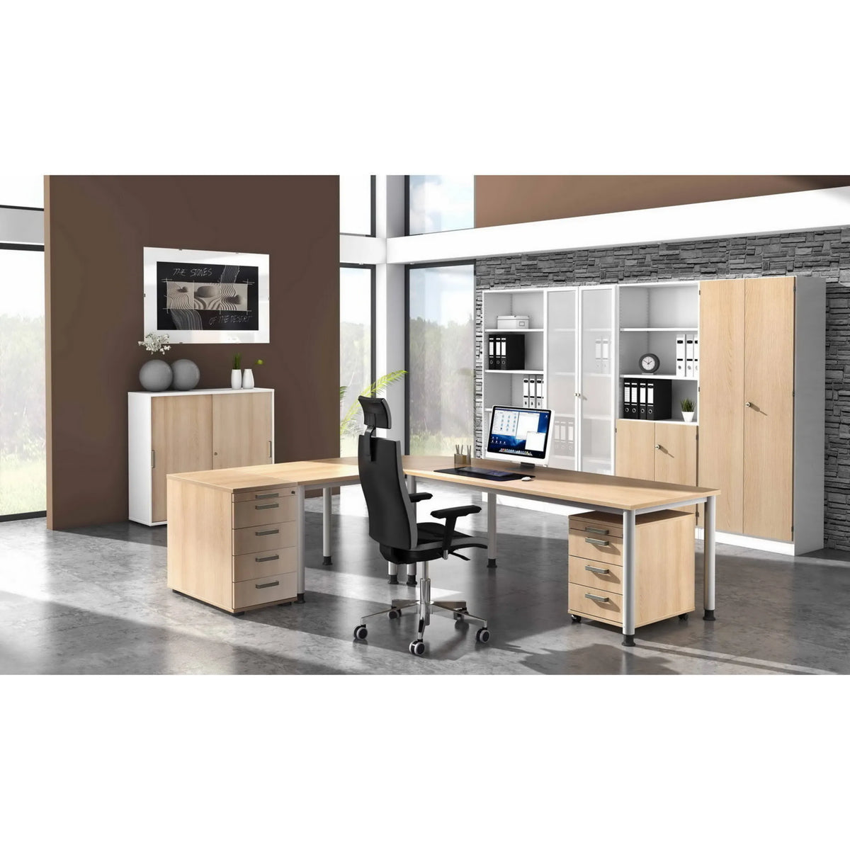 Scrivania regolabile in altezza HILO 18 S in rovere con cassettiera mobile e sedia da ufficio di hjh OFFICE PRO