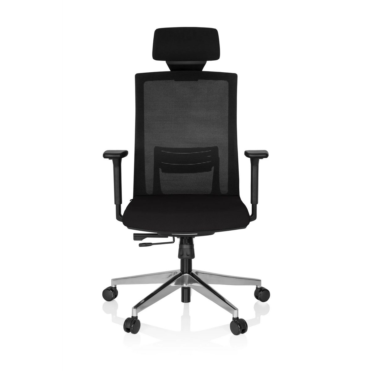 Poltrona professionale CAPTIVA nera con schienale in rete, poggiatesta e base a cinque ruote di hjh OFFICE – vista a 360° (vista frontale 0°)