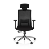 Poltrona professionale CAPTIVA nera con schienale in rete, poggiatesta e base a cinque ruote di hjh OFFICE – vista a 360° (vista frontale 0°)