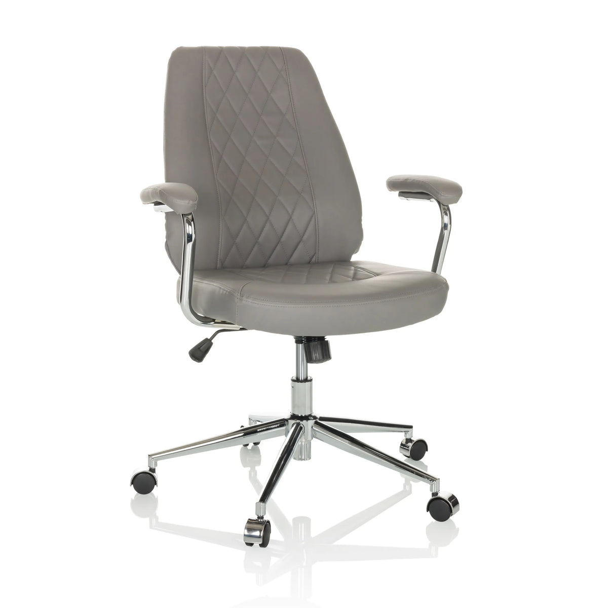 Poltrona Home Office THEO I grigia con schienale trapuntato e base a cinque ruote di hjh OFFICE – vista a 360° (vista frontale 15°)