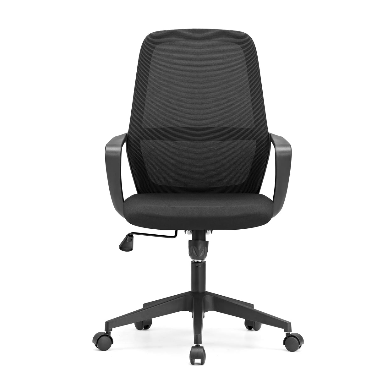 Sedia Home Office Explorer nera con schienale in rete e base a cinque ruote di MyBuero – vista a 360° (vista frontale 0°)