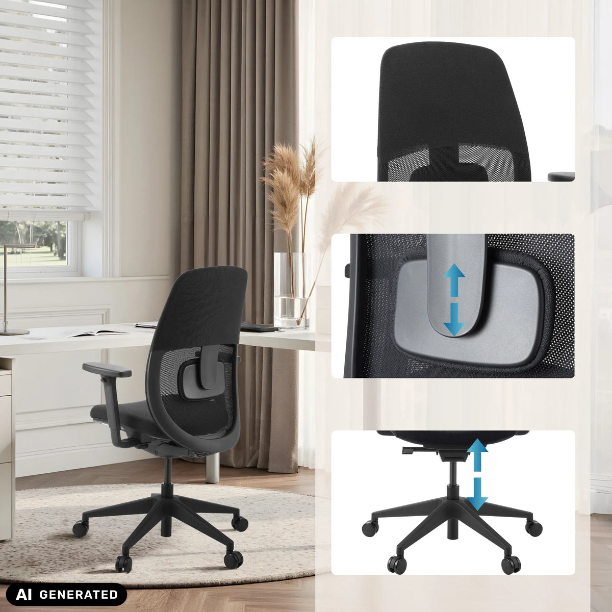 Supporto lombare regolabile in altezza e pistone a gas della sedia da ufficio professionale Skandis di hjh OFFICE (immagine generata dall’IA)