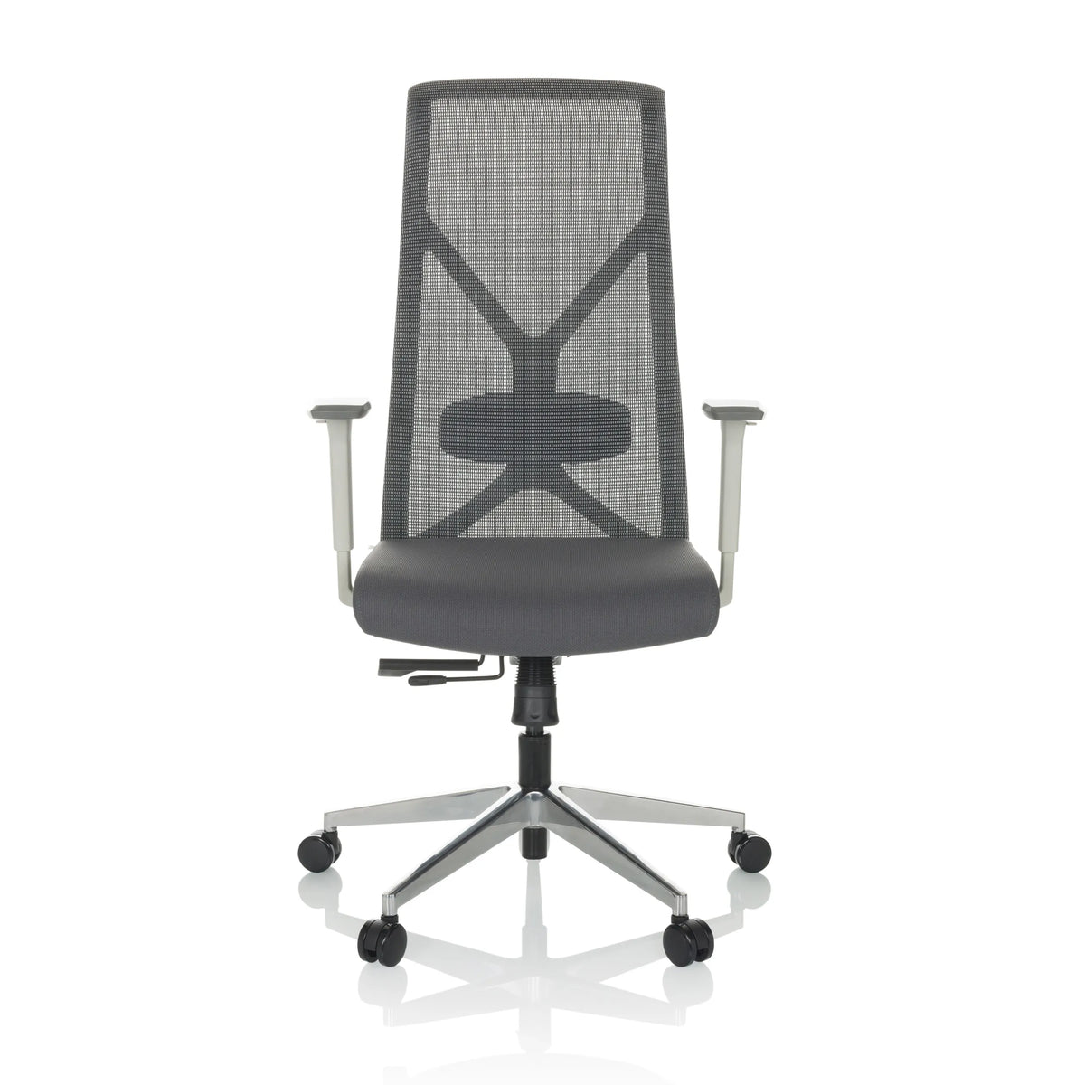 Sedia da ufficio professionale AZURRO WHITE grigia con schienale in rete e base a cinque ruote di hjh OFFICE – vista a 360° (vista frontale 0°)