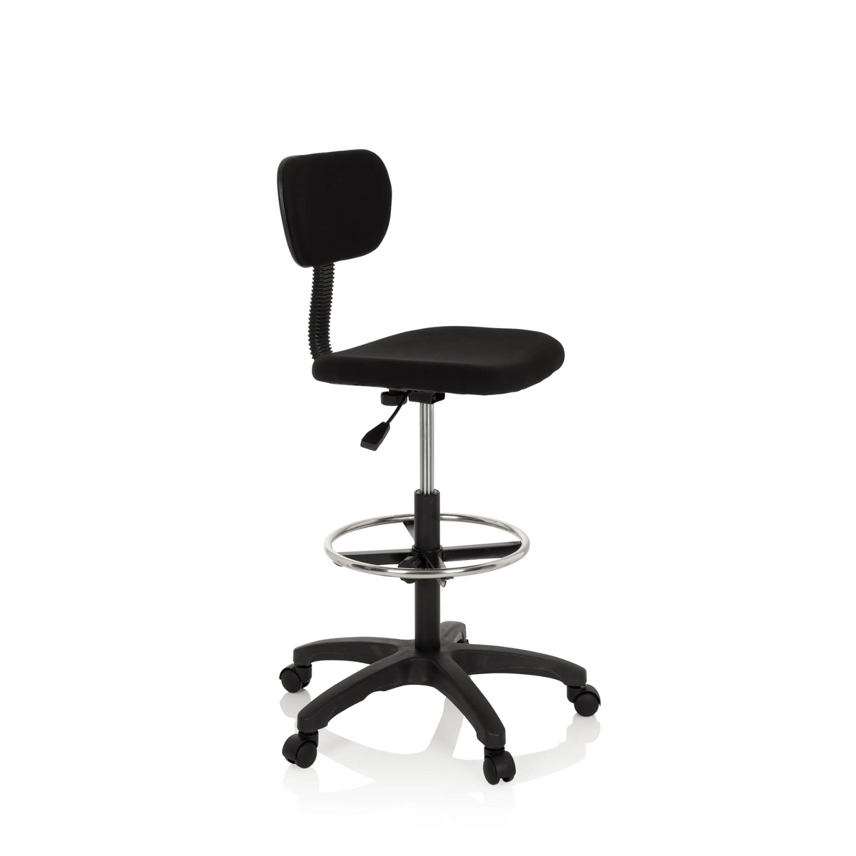 Sedia da banco TOP WORK 05 nera con poggiapiedi e base a cinque ruote di hjh OFFICE – vista a 360° (vista frontale a tre quarti 60°)