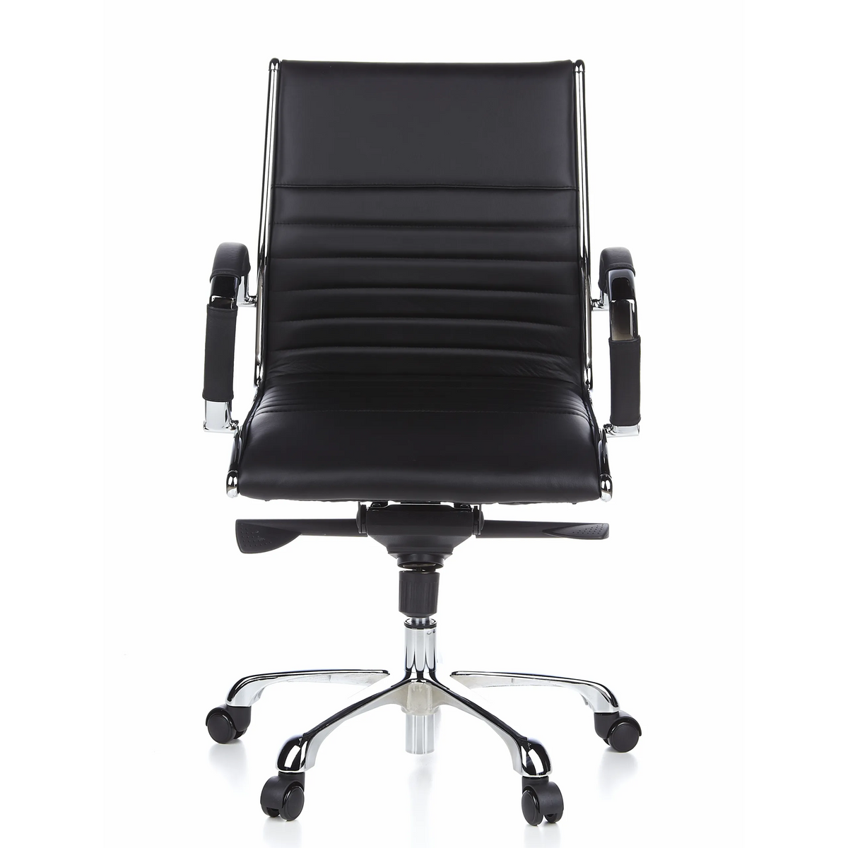Poltrona professionale PARMA 10 nera con cuciture trasversali e base lucida a cinque ruote di hjh OFFICE – vista a 360° (vista frontale 0°)