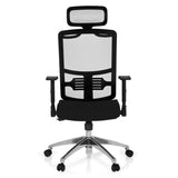 Sedia da ufficio professionale CAYEN nera con schienale in rete, poggiatesta e base a cinque ruote di hjh OFFICE – vista a 360° (vista frontale 0°)