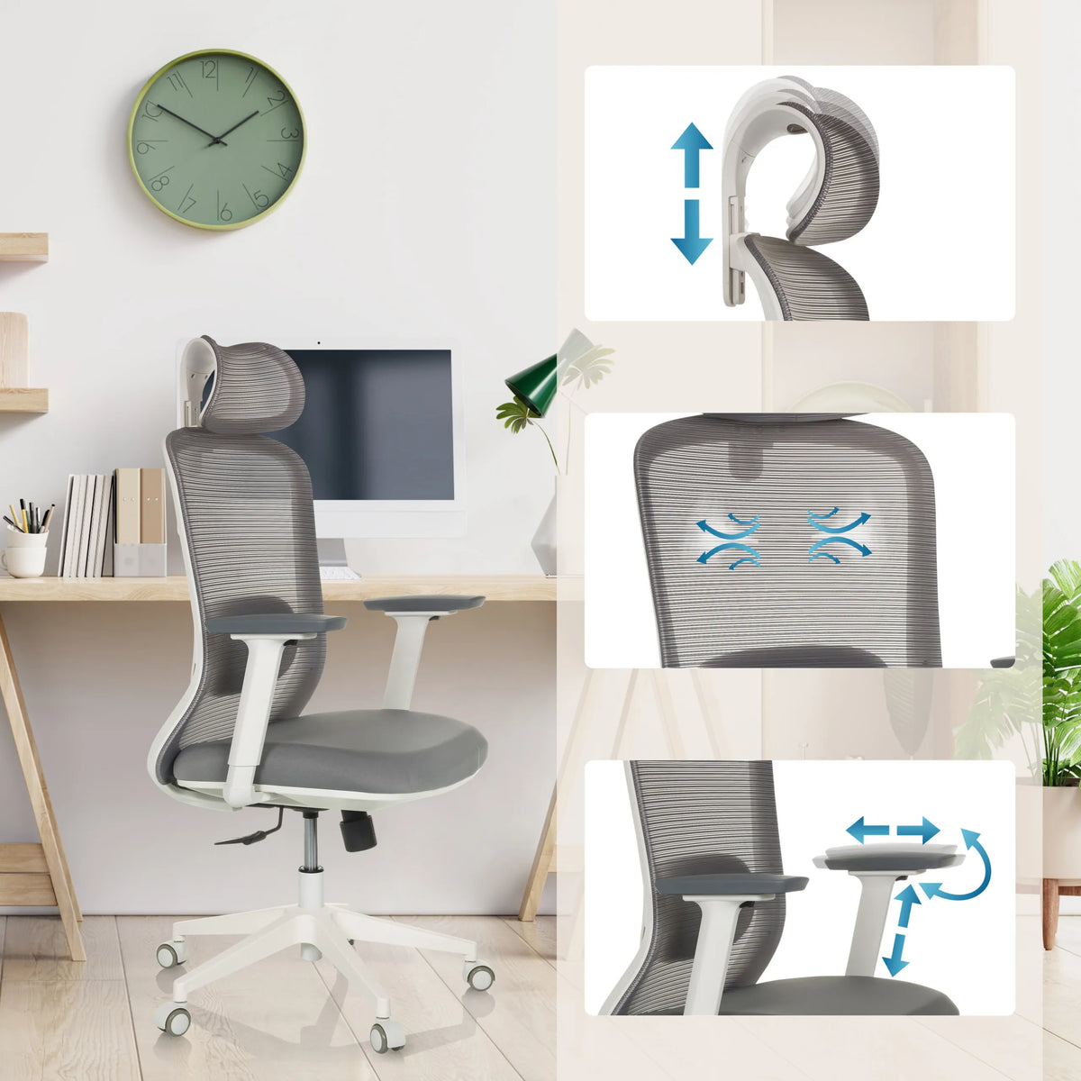 Sedia da ufficio professionale MIKEO G in grigio con poggiatesta regolabile, braccioli e schienale in rete di hjh OFFICE
