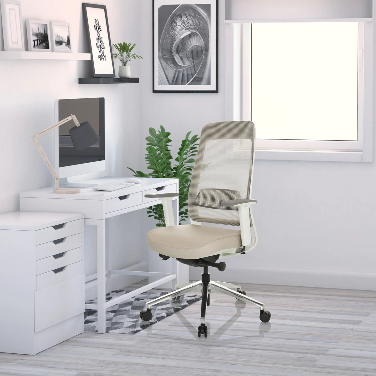 Sedia da ufficio professionale CHIARO T2 WHITE in beige e grigio con schienale in rete e rotelle per l'home office di hjh OFFICE