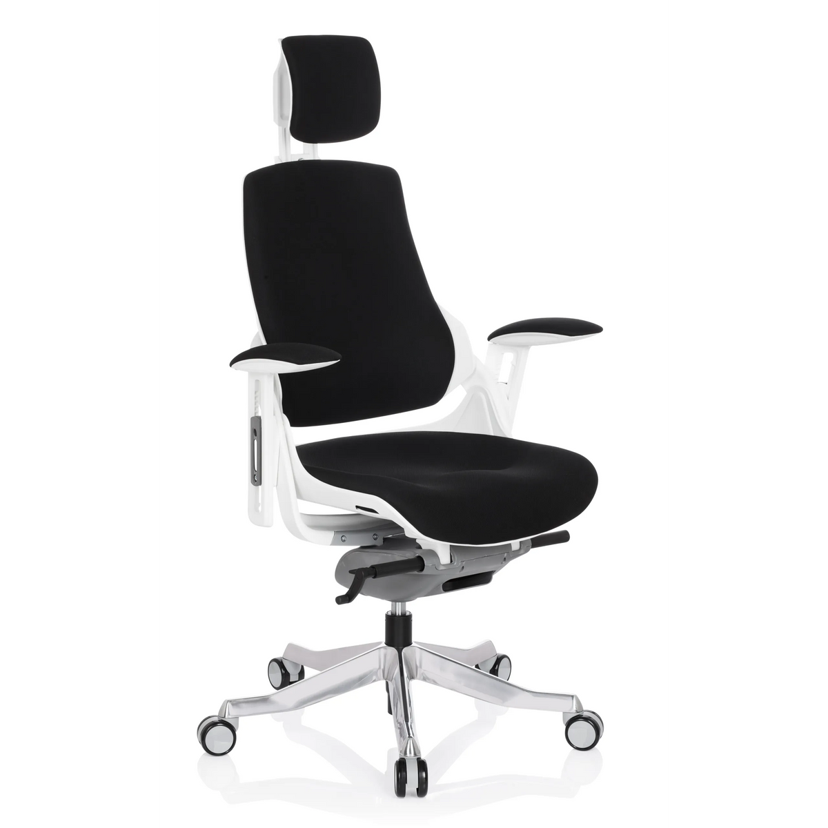 Sedia da ufficio professionale SPEKTRE nera con poggiatesta e base a cinque ruote di hjh OFFICE – vista a 360° (vista frontale a tre quarti 40°)