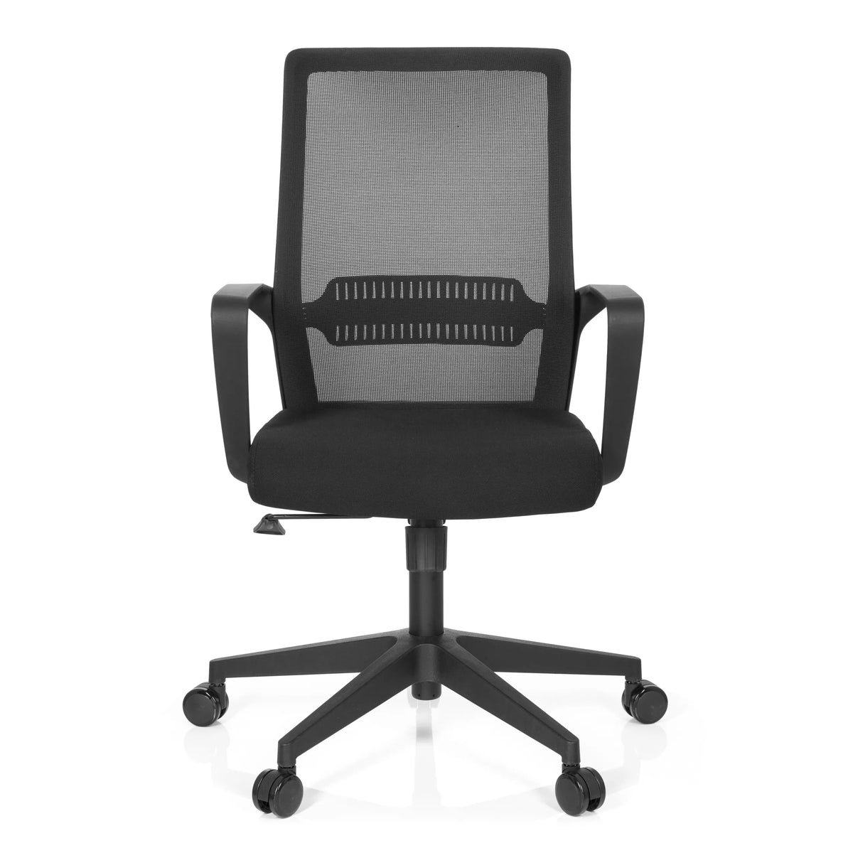 Sedia Home Office PRESTON nera con schienale in rete e base a cinque ruote di hjh OFFICE – vista a 360° (vista frontale 0°)