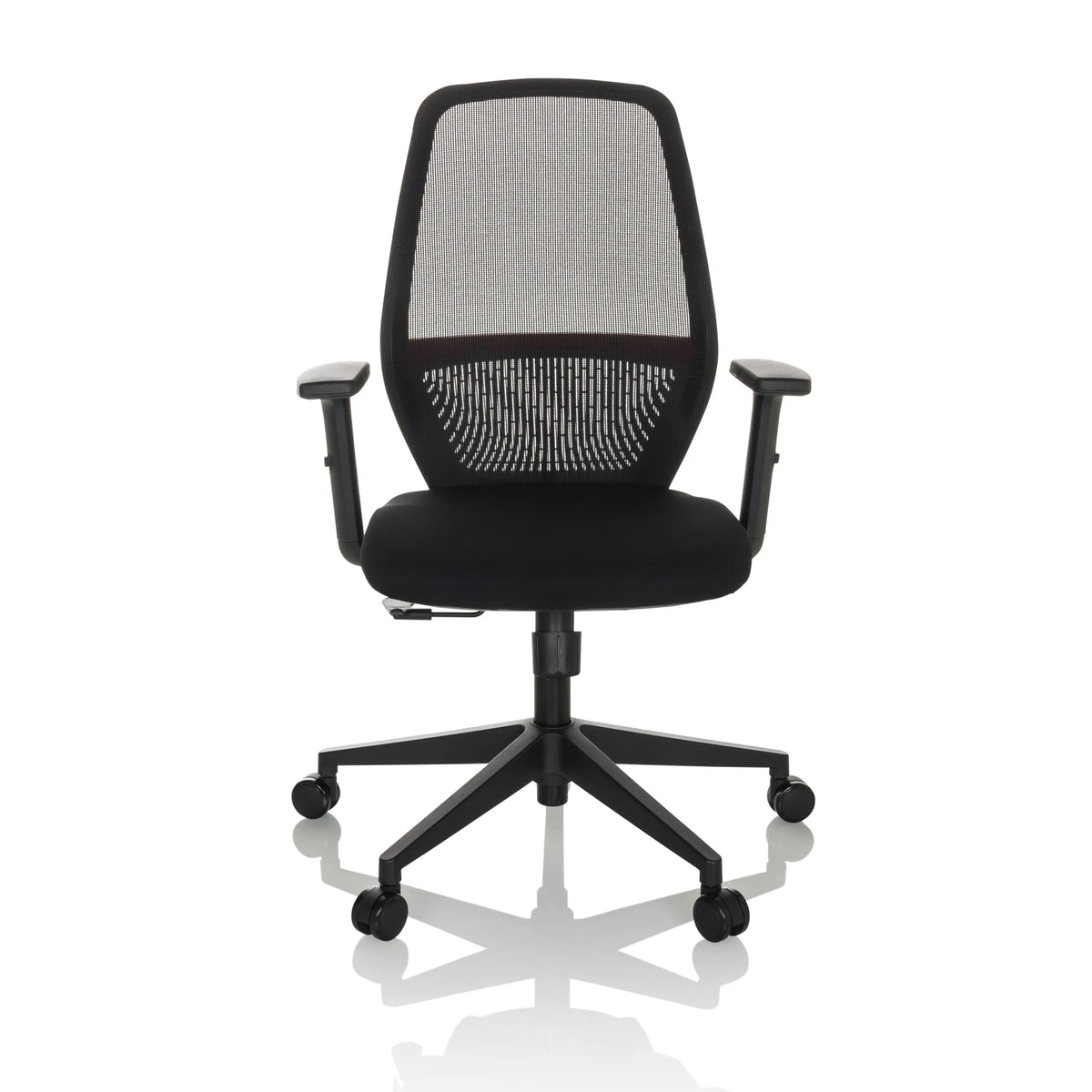 Sedia da ufficio professionale CARLOW I nera con schienale in rete e base a cinque ruote di hjh OFFICE – vista a 360° (vista frontale 0°)
