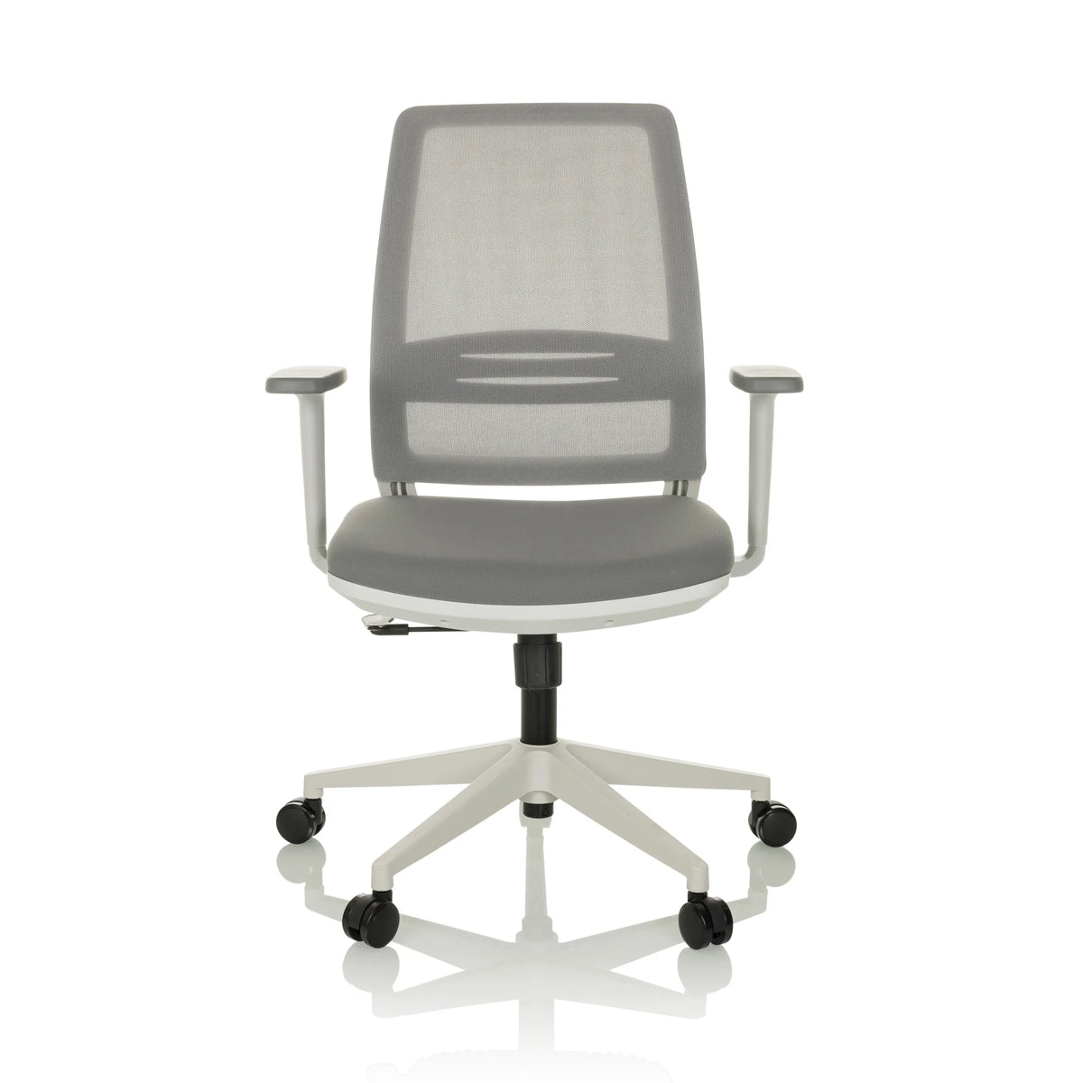 Sedia Home Office PROFONDO ECO W grigia con schienale in rete e base a cinque ruote di hjh OFFICE – vista a 360° (vista frontale 0°)