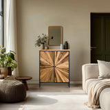 Cassettiera SANTJAGO BLACK SUN XL in tonalità di legno scuro con motivo radiale sui frontali di hjh LIVING