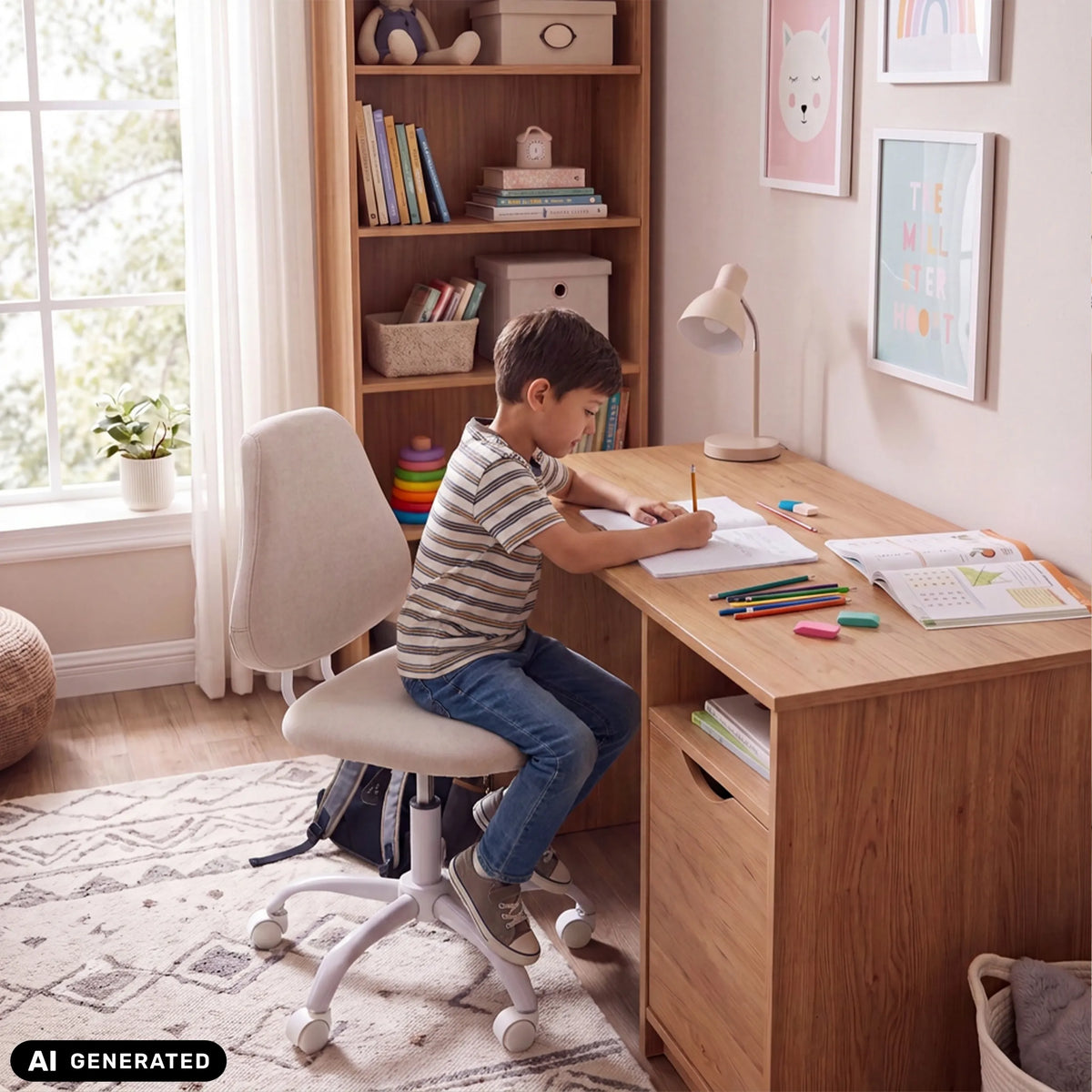 Sedia girevole per bambini Lumikid beige a una scrivania di hjh OFFICE (immagine generata dall’IA)